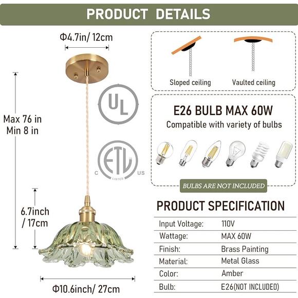 Glass Pendant Light Vintage Light Fixtures, - Picture 3 of 9